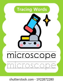 Escribiendo palabras de práctica trazando el alfabeto m - microscopio