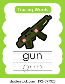 Writing practice words alphabet tracing  g - gun
