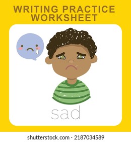 Writing practice worksheet. Educational about feelings. Printable worksheet. Vector illustration.