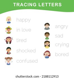 Writing practice worksheet. Educational about feelings. Printable worksheet. Vector illustration.
