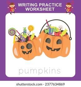 Writing practice worksheet for kids with Halloween festival theme, the pumpkin bucket full of treats. Educational printable worksheet. Writing Exercises game for kids. Vector file.