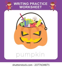 Writing practice worksheet for kids with Halloween festival theme, the pumpkin bucket full of treats. Educational printable worksheet. Writing Exercises game for kids. Vector file.