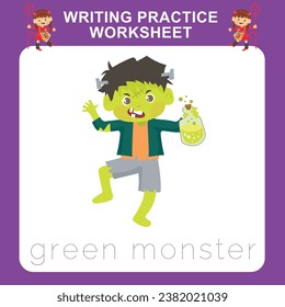 Writing practice worksheet for kids with Halloween festival theme, a cute little boy with green monster costume. Educational printable worksheet. Writing exercise game for kids. Vector file.