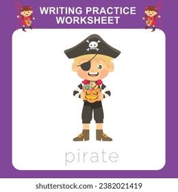 Writing practice worksheet for kids with Halloween festival theme, a cute little boy with pirate costume. Educational printable worksheet. Writing exercise game for kids. Vector file.