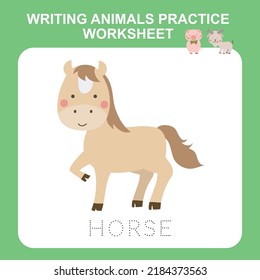 Writing Practice Worksheet For Preschoolers And Kindergartens. Writing Practice Cute Farm Animal Edition. Printable Writing Worksheet. Cute Horse Illustration. Kawaii Horse Vector. 