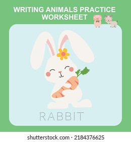 Writing practice worksheet for preschoolers and kindergartens. Writing practice cute farm animal edition. Printable writing worksheet. Cute rabbit illustration. Kawaii rabbit vector. 