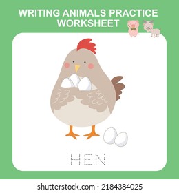 Writing practice worksheet for preschoolers and kindergartens. Writing practice cute farm animal edition. Printable writing worksheet. Cute hen illustration. Kawaii hen vector. 