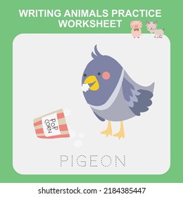 Writing practice worksheet for preschoolers and kindergartens. Writing practice cute farm animal edition. Printable writing worksheet. Cute pigeon illustration. Kawaii pigeon vector. 