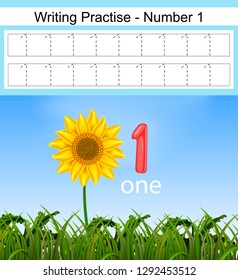 the writing practices number 1 with the big sunflower