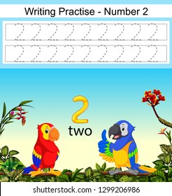 the writing practices number 2 with two beautiful parrots under it