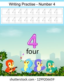 the writing practices number 4 with bird on the branch