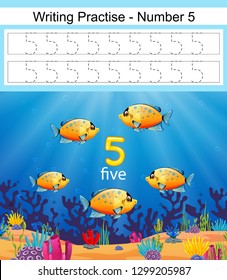 the writing practices number 5 with fish in deep blue sea