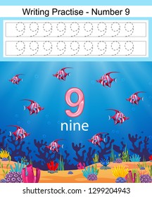 the writing practices number 9 with fish in underwater