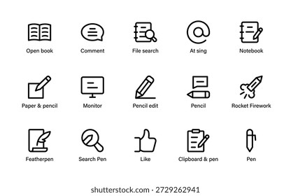 Writing productivity and publishing icons. Creative tools for blogging editing documentation planning and professional content management