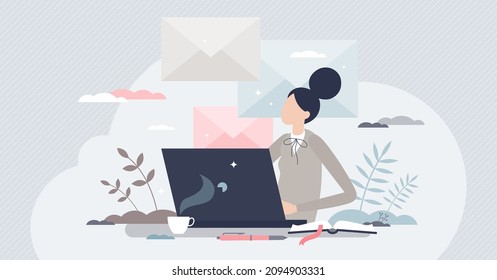 Writing professional email and business communication tiny person concept. Write new digital letter using computer document vector illustration. Elegant businesswoman in work with company laptop.