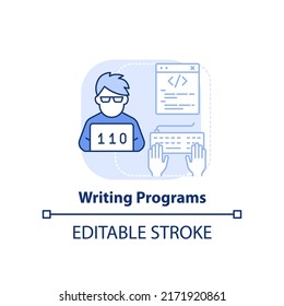 Writing programs light blue concept icon. Design, build software. Programming skill abstract idea thin line illustration. Isolated outline drawing. Editable stroke. Arial, Myriad Pro-Bold fonts used