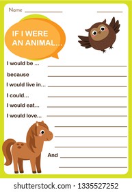 Writing prompt for kids blank. Educational children page. Develop fantasy and writing stories skills. Animals theme activity for toddlers