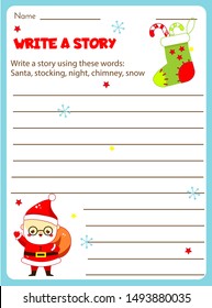 Writing prompt for kids blank. Educational children page. Develop fantasy and writing stories skills. Christmas and New year holidays theme
