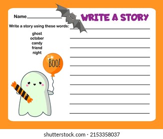 Writing Prompt For Kids Blank. Educational Children Page. Develop Fantasy And Writing Stories Skills. Halloween Theme.