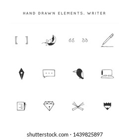 Writing, publishing and copywrite theme. Set of vector hand drawn icons. For business identity and branding, for writers, copywriters and publishers, for poets, journalist and bloggers.