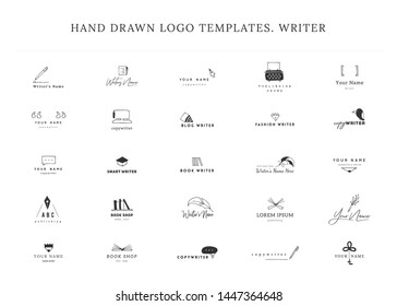 Writing, publishing and copywrite theme. Set of hand drawn vector logo templates. For business identity and branding, for writers, copywriters and publishers, for journalist, poets and bloggers.