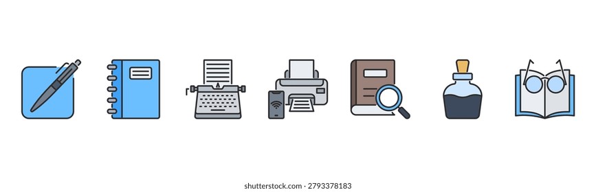 Writing and publishing icons featuring Pen, Notebook, Typewriter, Printer, Book, Ink Bottle, Reading Glasses.