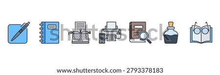 Writing and publishing icons featuring Pen, Notebook, Typewriter, Printer, Book, Ink Bottle, Reading Glasses.