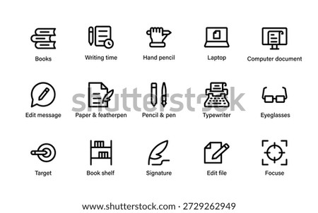 Writing publishing and office icons. Essential tools for documentation editing content creation and productivity management