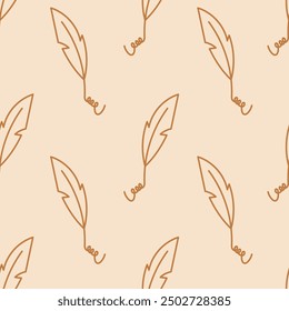 Escribiendo el patrón de Doodle sin fisuras. Fondo beige elegante para el escritor. Poesía literaria repite Ilustración vectorial con símbolo de pluma de línea