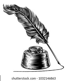 A writing quill feather ink pen and inkwell in a vintage retro woodcut or woodblock line art drawing style