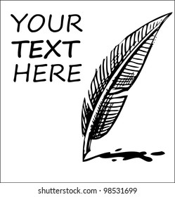 Writing quill with ink blot and sample text. Sketch vector illustration