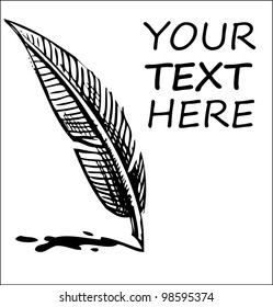 Writing quill with ink blot and sample text. Sketch vector illustration