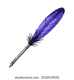 Pluma de pluma de escritura dibujada a mano. pluma de tinta, inmersión de caligrafía, pergamino de escritura pluma de pluma de Vector boceto. ilustración a color aislado