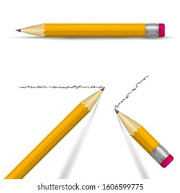 Writing realistic 3D vector pencil set. Sharpened orange pencils with eraser. Two tipped pencils with shadows and one pencil lying on its side.