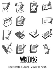 Writing Related Doodle vector icon set. Drawing sketch illustration hand drawn line.