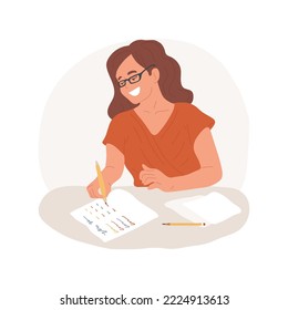 Writing a report card isolated cartoon vector illustration. Student academic performance, quality of school work, teacher writes report card, different color for subjects vector cartoon.