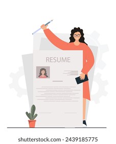 Writing resume for finding work, application form for employment, human research and recruitment concept, flat vector illustration