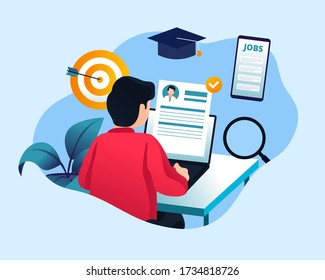 Writing A Resume Illustration Concept. A Man Writing Business Resume With Laptop. Searching Professional Staff, Job Application, Curriculum Vitae, Job Opportunity. Vector Illustration In Flat Design.