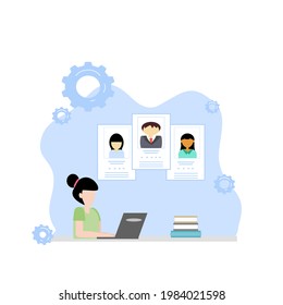 Writing resume illustration concept  A woman writes a business history with a laptop  Find professional staff, apply for jobs, resumes, job opportunities.  Vector illustration in flat design