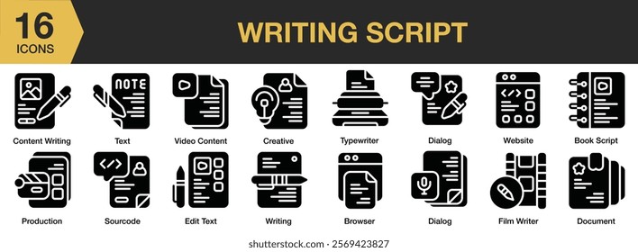 Writing Script solid icon set. Includes script, text, write, paper, video, story, cinema, and More. Solid icons vector collection.