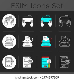 Writing SEO text icons set dark theme icons set. Typewriter, typing on keypad. Search engine optimization. Linear white, solid glyph and RGB color styles. Isolated vector illustrations