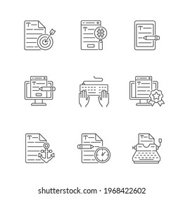 Juego de iconos lineales de texto SEO de escritura. Servicios de escritura de copias urgentes. Proyecto independiente, trabajo SEO. Símbolos de contorno de línea delgada personalizables. Ilustraciones aisladas del contorno vectorial. Trazo editable