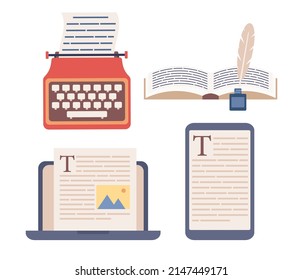 Writing set icons. International authors day. Writer profession concept. Text typing, posting, writing books on laptop, smartphone, typewriter, manuscript, feathe pen and ink. Vector flat illustration