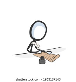 Writing sign scripture scroll. Writer author vector simple. Historic document ink written. Stickman no face clipart cartoon. Hand drawn. Doodle sketch, graphic illustration