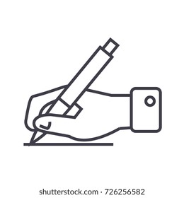 writing sign,hand with pen vector line icon, sign, illustration on background, editable strokes