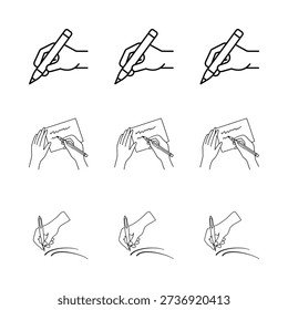 Writing and Signing Hand Vector Set, Note Taking and Document Icons, Line Illustration