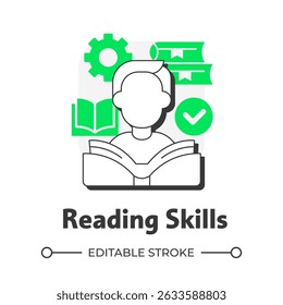 Writing skills flat outline concept icon. Language learning. Decoding meaning from text ability. Word recognition. Modern line illustration with green glyphs. Conceptual visual. Easy to edit