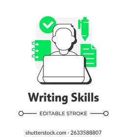 Writing skills flat outline concept icon. Language learning competence. Expressing ideas through written word. Modern line illustration with green glyphs. Conceptual visual. Easy to edit