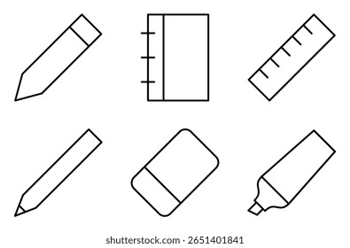 Writing and Stationery Supplies Icon Set, such as pencil, notebook, ruler, pen, eraser, and highlighter