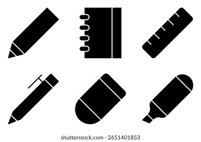 Conjunto de Ícones de Suprimentos para Escrita e Papel de Carta, como lápis, bloco de anotações, régua, caneta, borracha e marca-texto